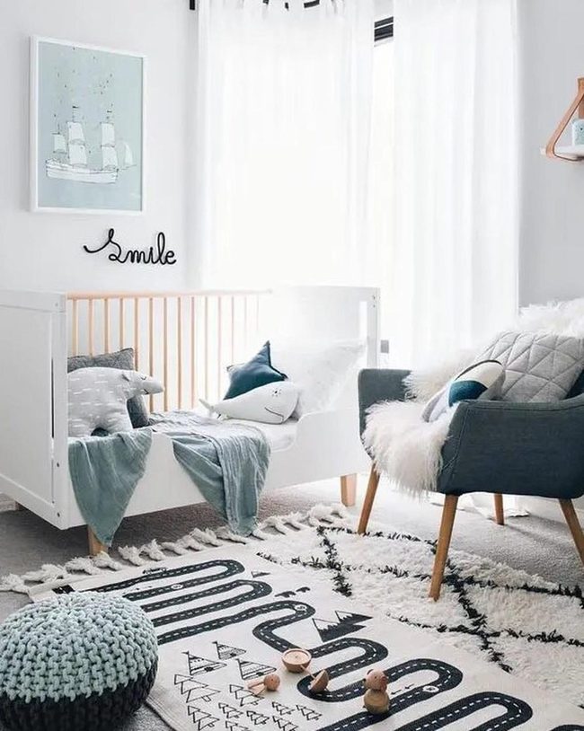 Wooden Crib, Pale Blue Rugs