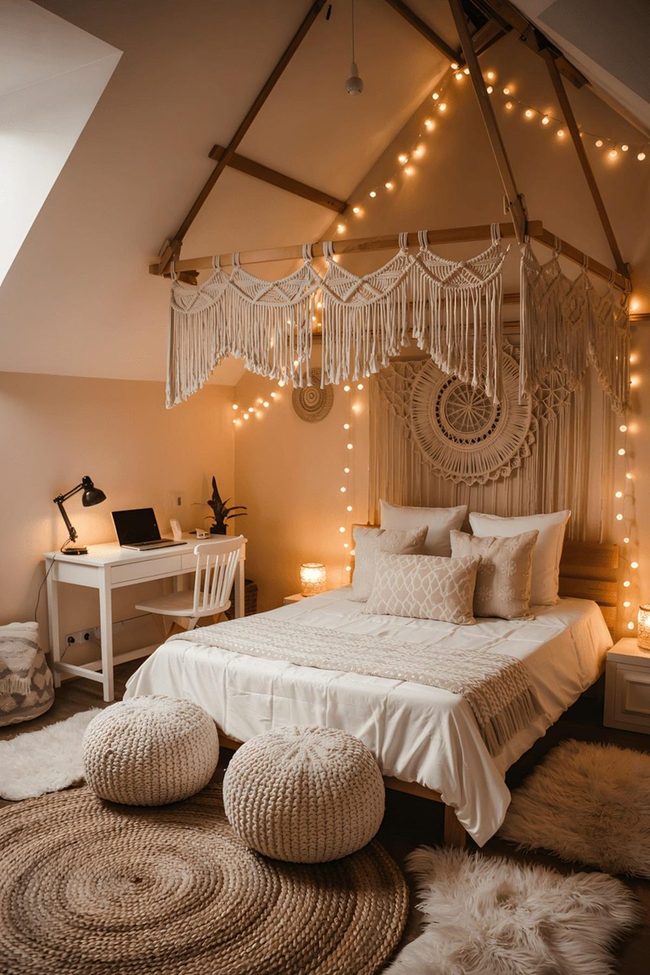 Macramé Fringed Loft Beds Beige Haven