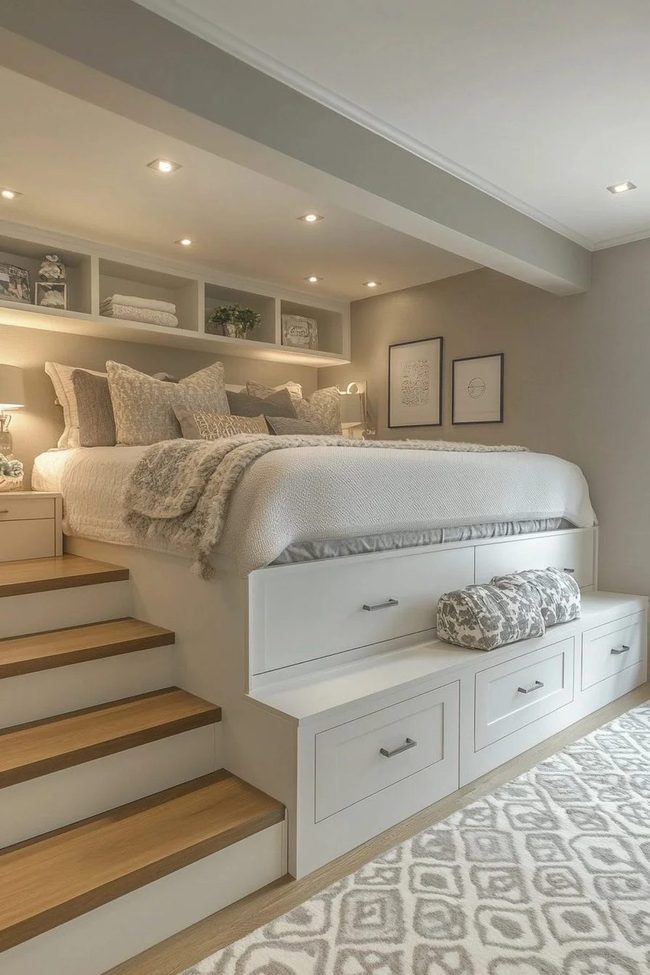 Elevated Gray Bedroom With Storage