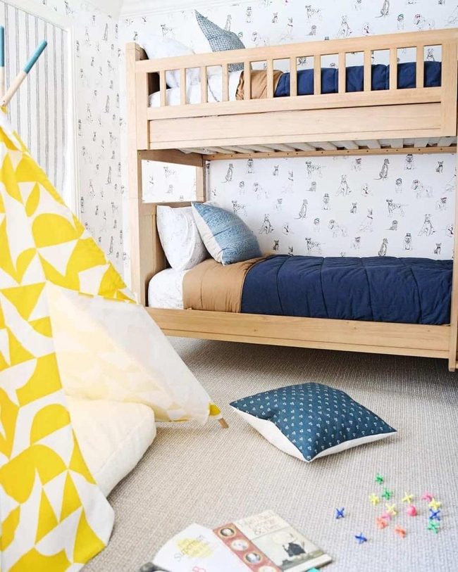 Blonde Wood Bunk Beds with Dog Wallpaper