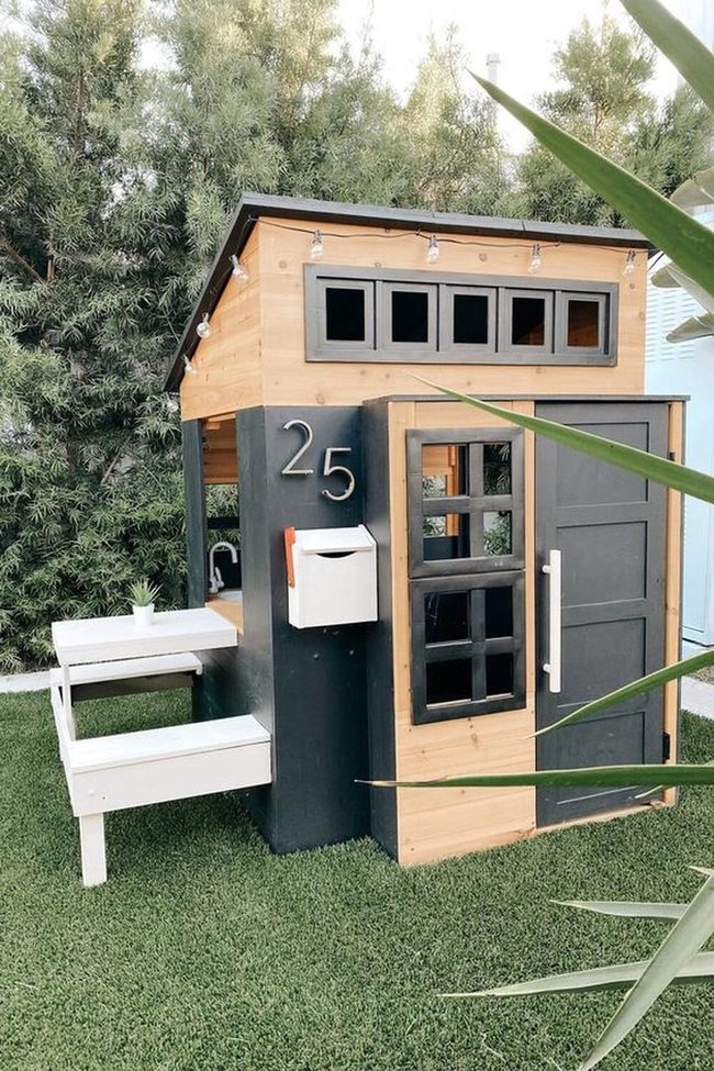 Black Wood Playhouse With Mailbox