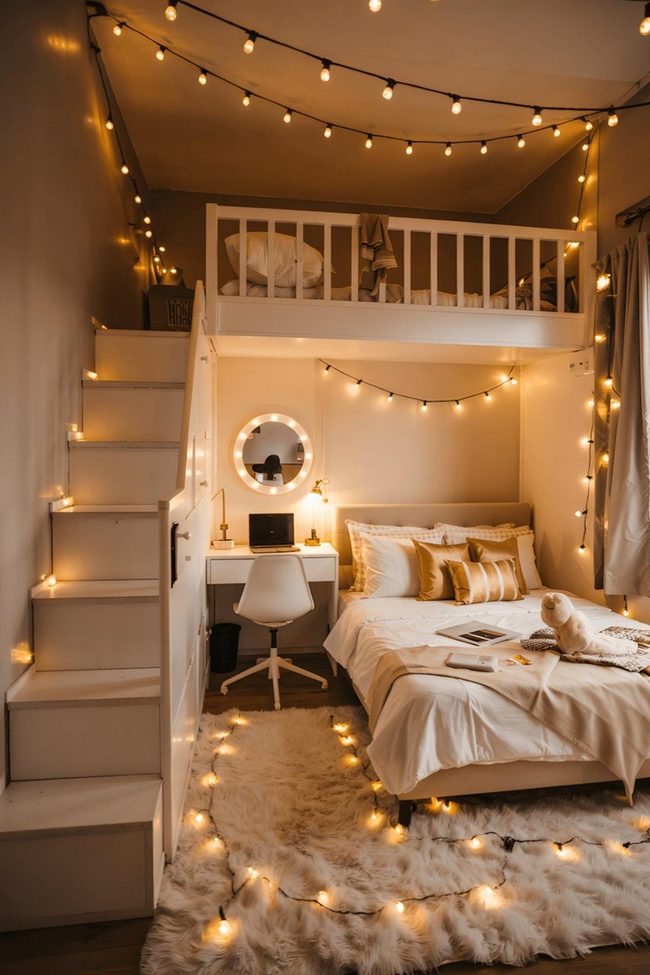 Lofted Bedroom With Gold Accents And White Shag