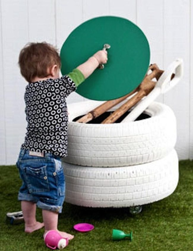 Stacked White Tires, Green Lids