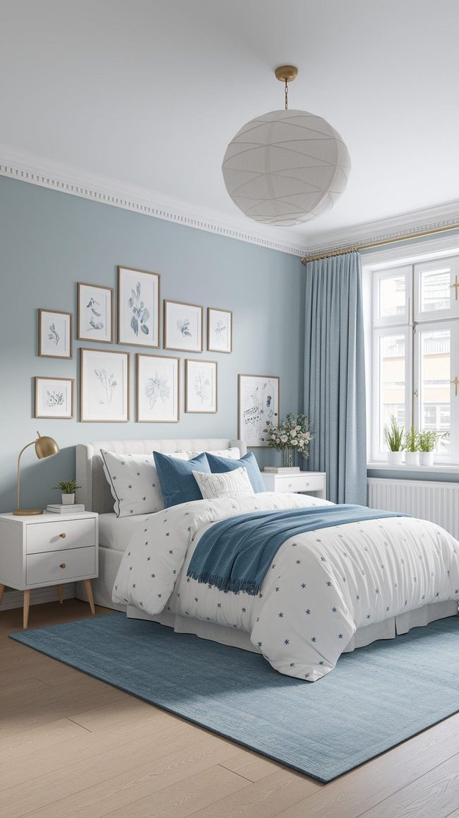 Blue Bedroom With Bright Eclectic Art