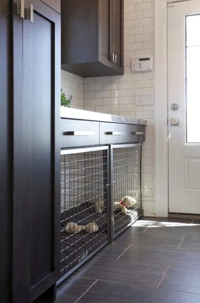 Dark Wood Kitchen With Dog Kennels
