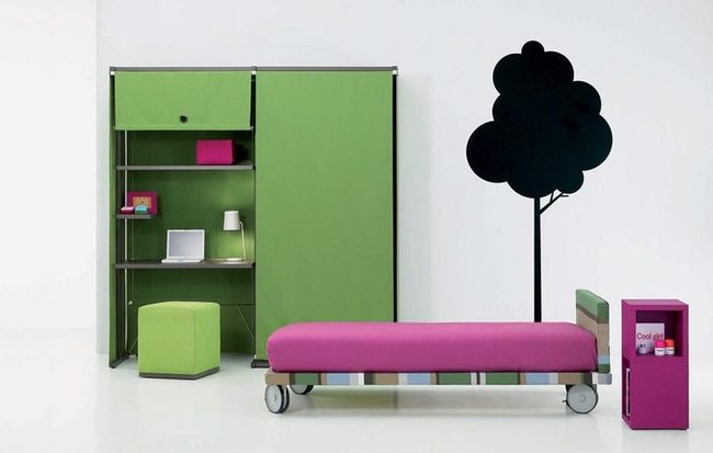 Mobile Bed With Green-Pink Palette