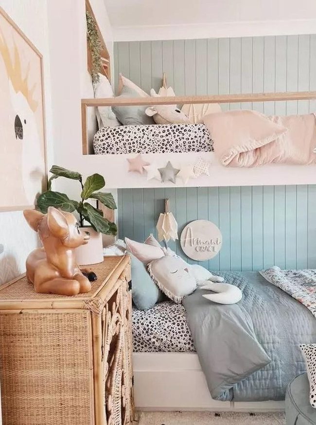 Blue Bunk Beds with Wicker Warmth