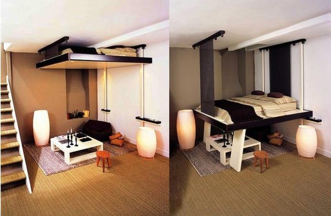 Ceiling-Lifting Bed Maximizes Space