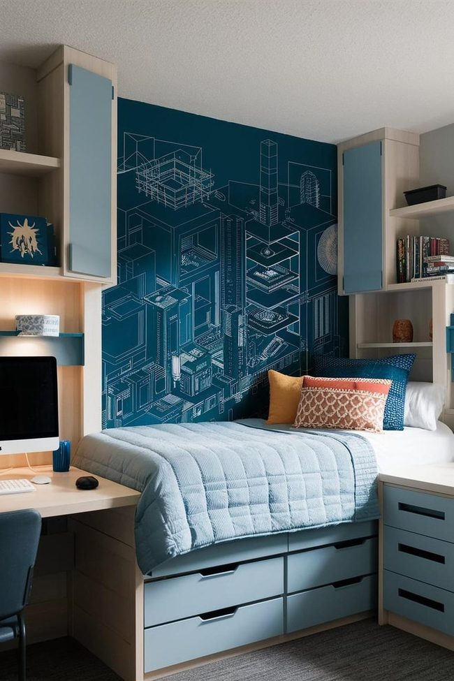 Navy And Pale Blue Contrast Wall