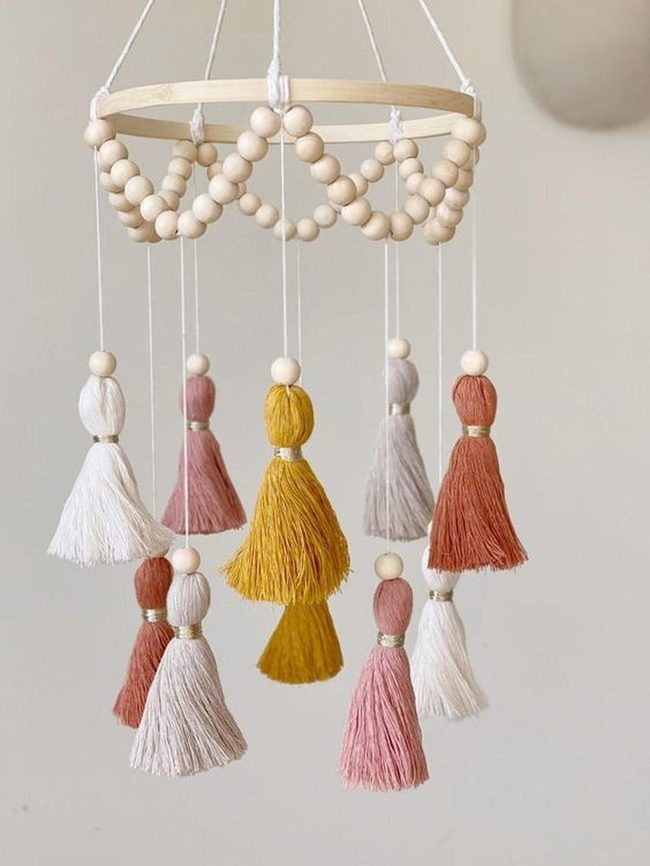 Mustard Tassel Mobile With Wood