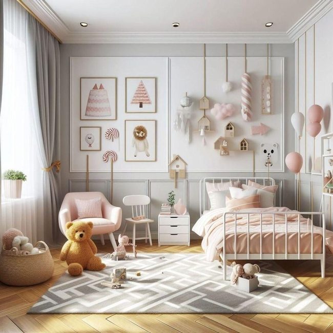 Pink Bed, Gold Accents, Teddy Dreams