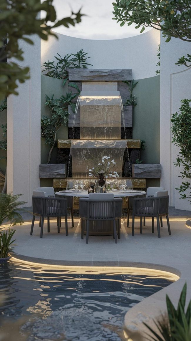 Backyard Fountain Dining Ambiance
