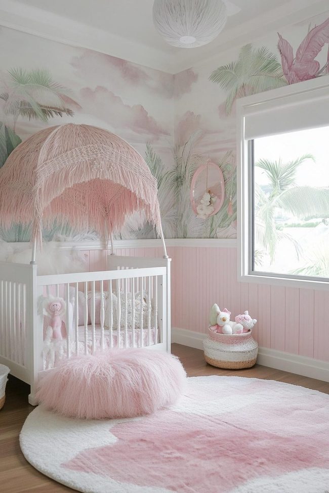 Delicate Pink Baby Room With White Furniture