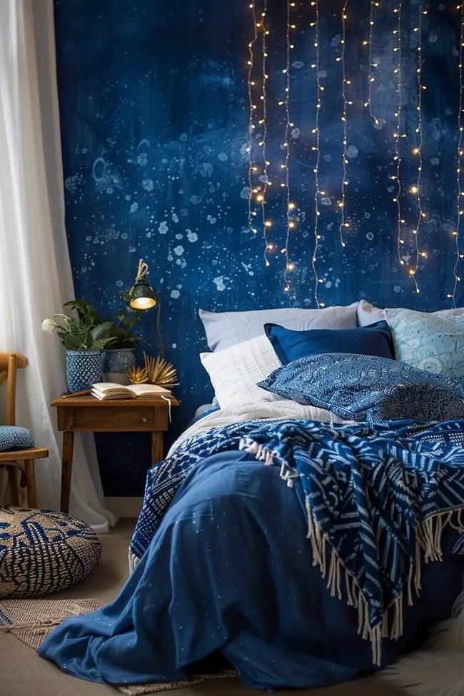 Deep Blue Bedroom Sanctuary With Layered Lighting