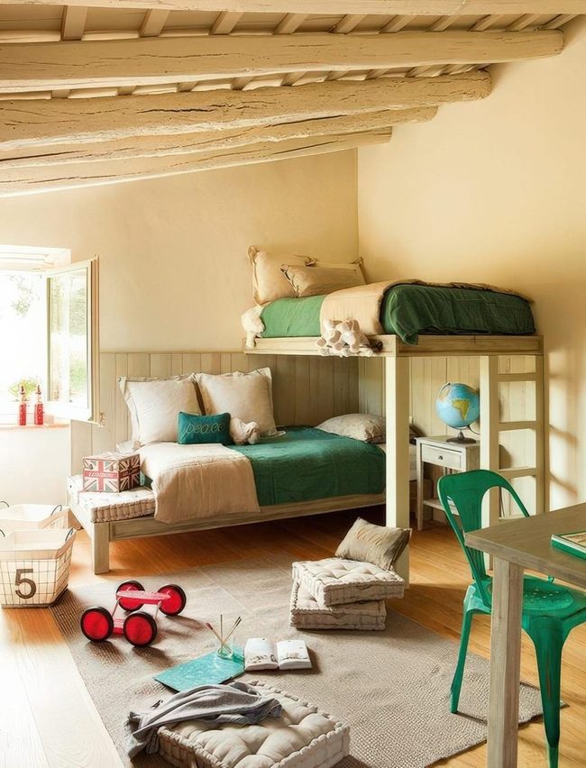 Green Bunks, Wooden Beams, Sunlit Simplicity