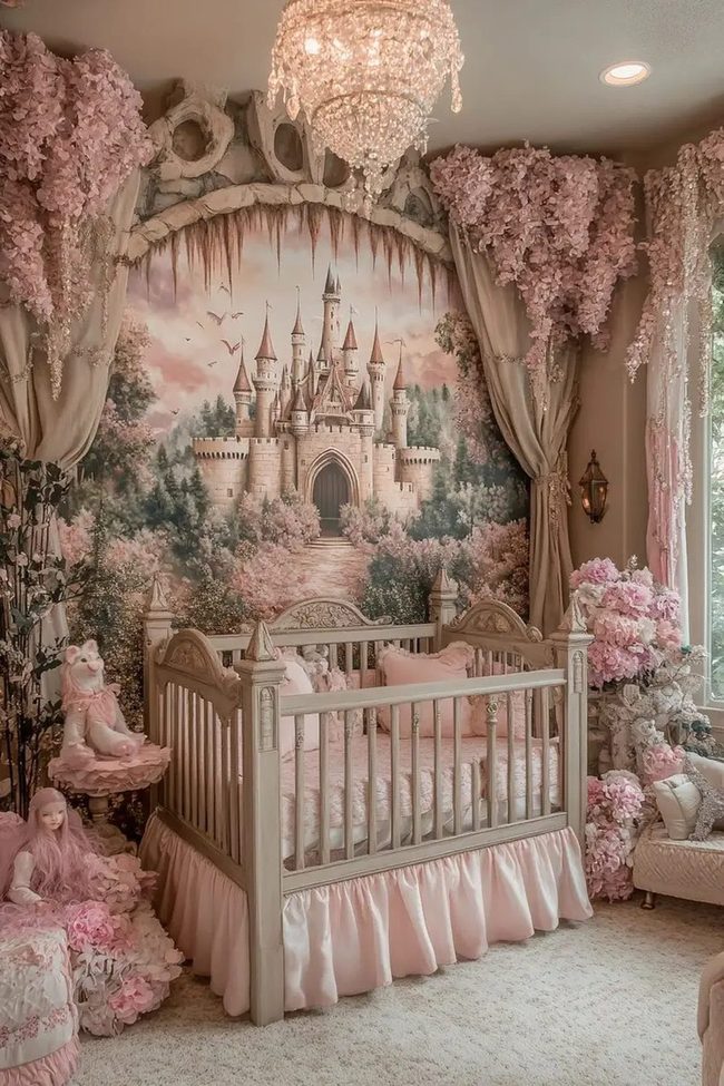 Pastel Castle Nursery Mural