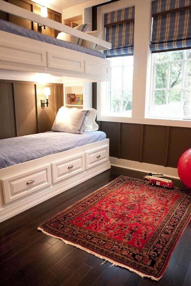 White Bunk Beds Red Rug