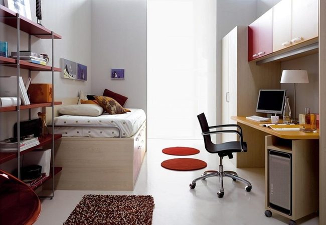 Wooden Bed With Red Accents