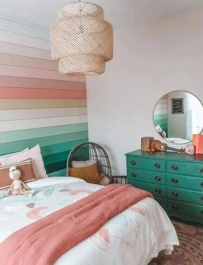 Green Striped Bedroom With Wicker Accents