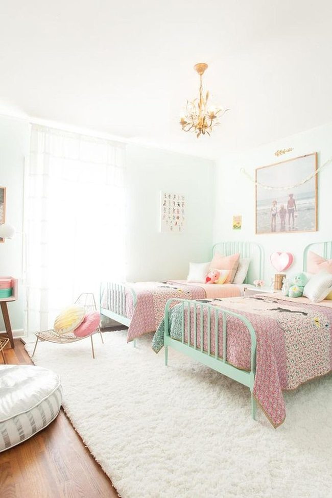 Mint Beds, Gold Chandelier, Pastels