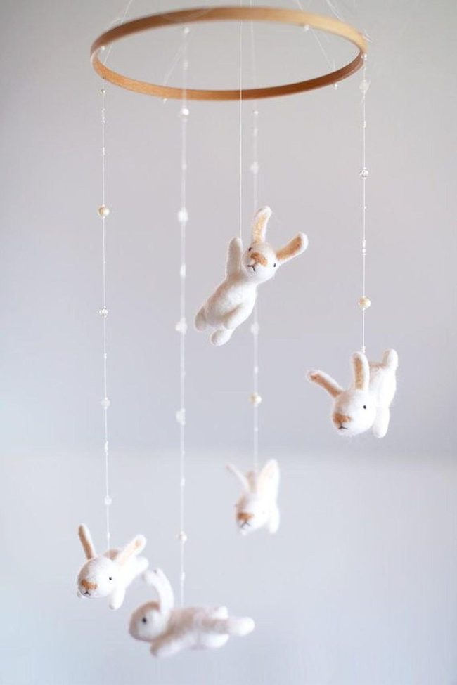 White Bunnies Wooden Mobile