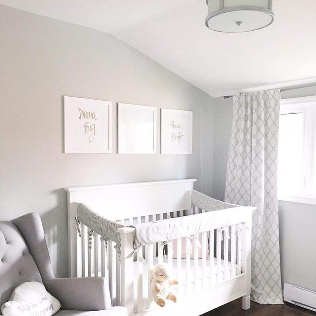 Gray Nursery With Dark Wood Floors