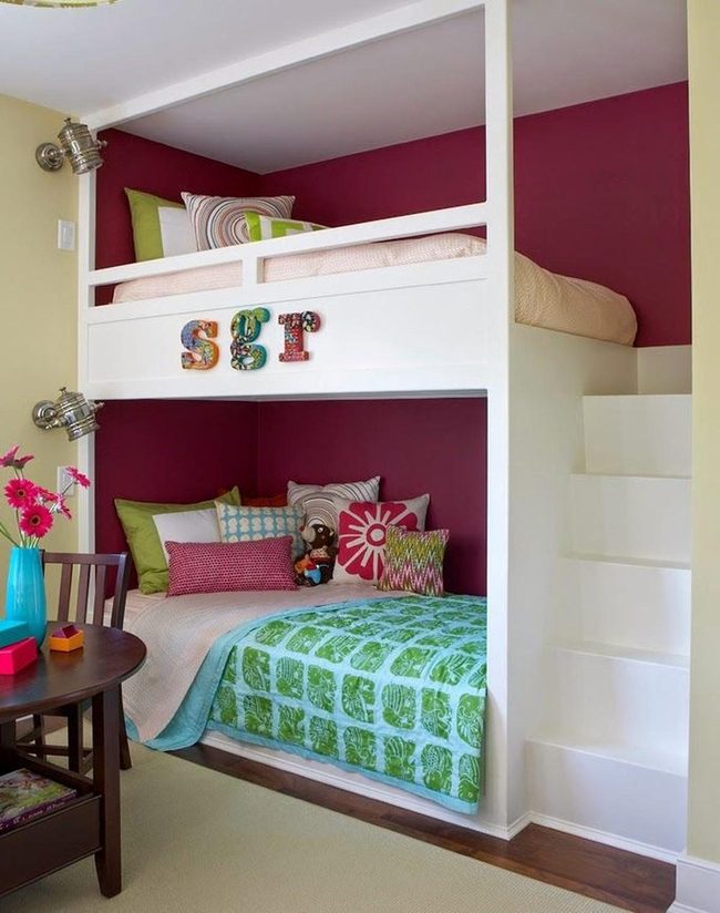 White Wooden Bunk Beds, Deep Red Walls