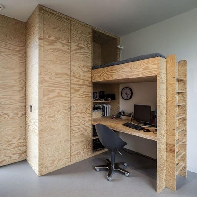 Wooden Loft With Integrated Workspace
