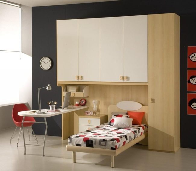 Red Checkered Scandinavian Bedroom
