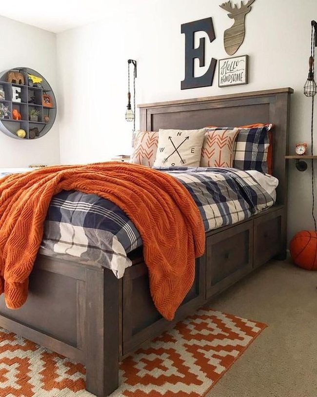 Navy Blue Bedroom With Orange Accents