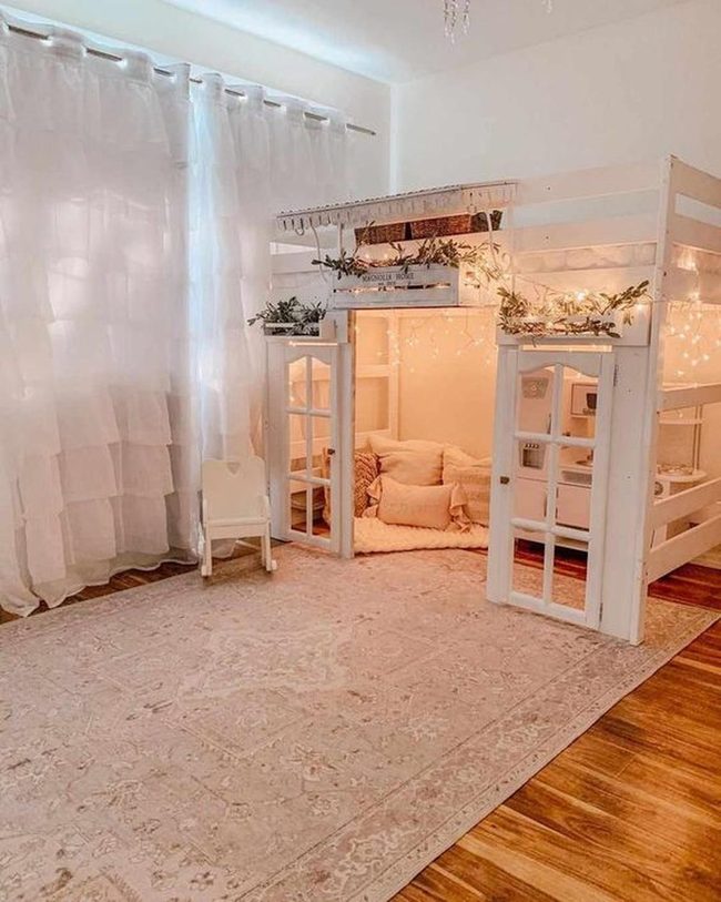 Lofted Bed With String Light Glow