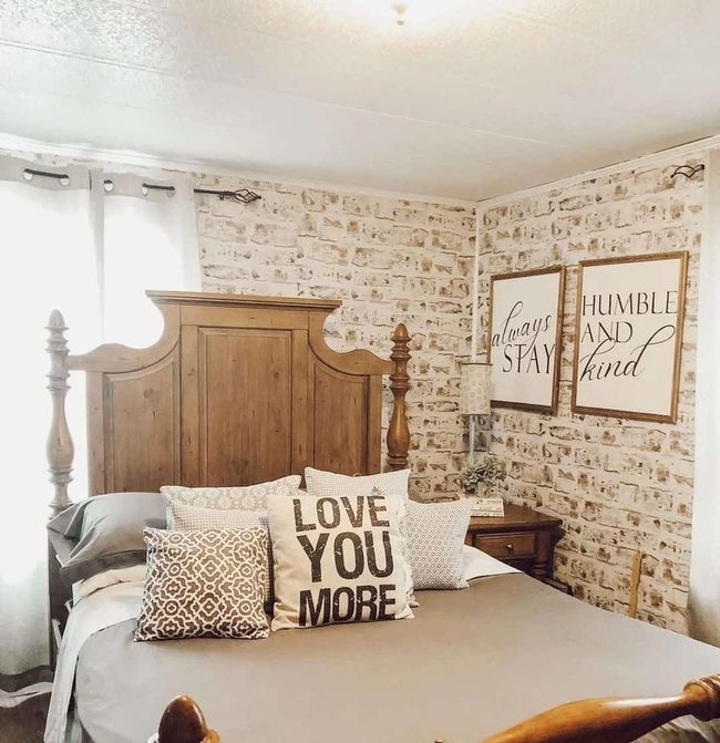 Carved Wood Headboard, Whitewashed Brick