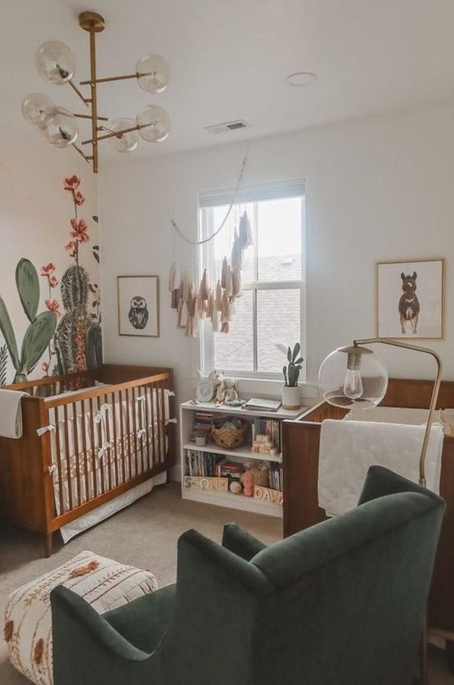 Wooden Cribs, White Walls, Green Armchair