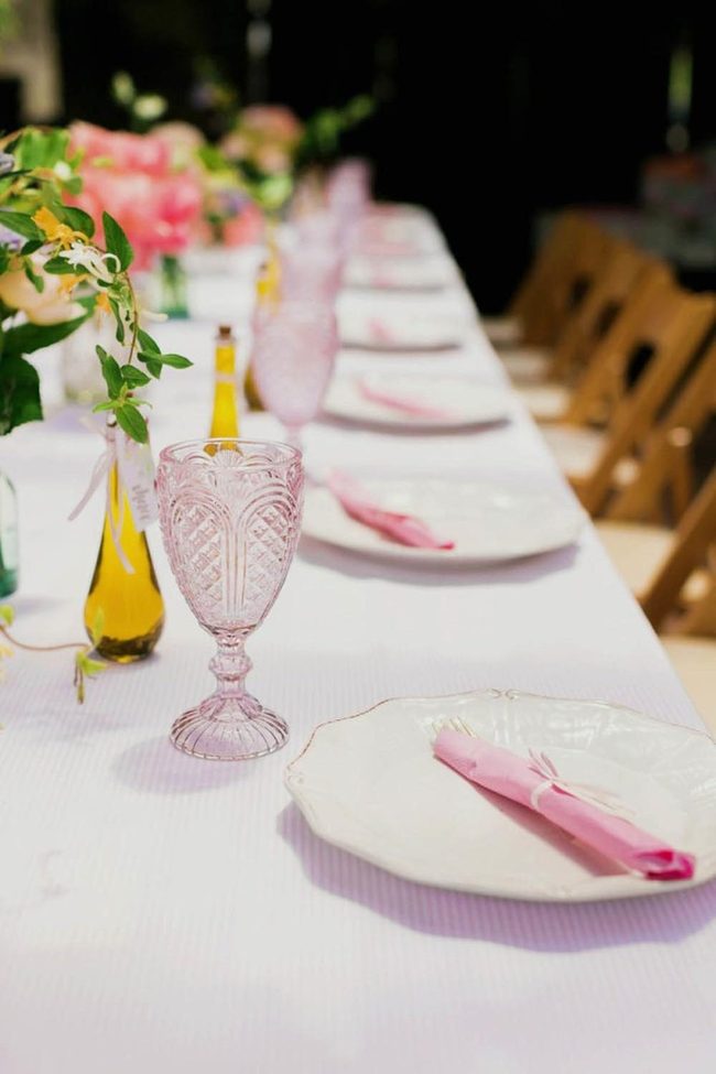 Pink Glasses, Yellow Blooms, White Elegance