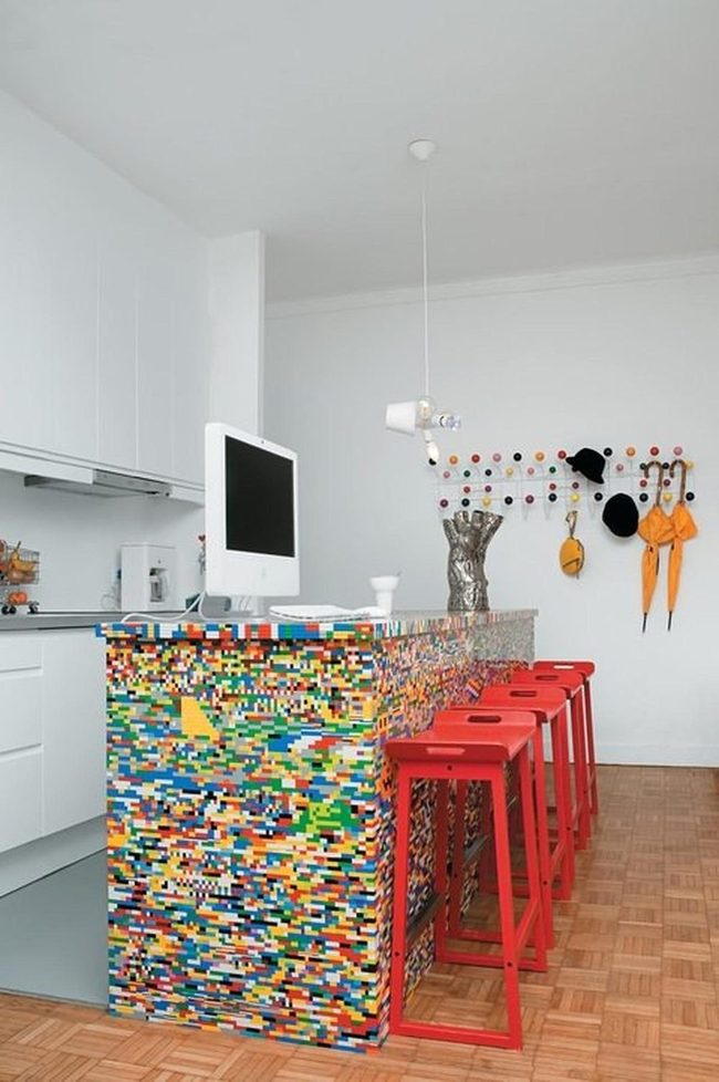 Red Stools, Brick Block Backsplash