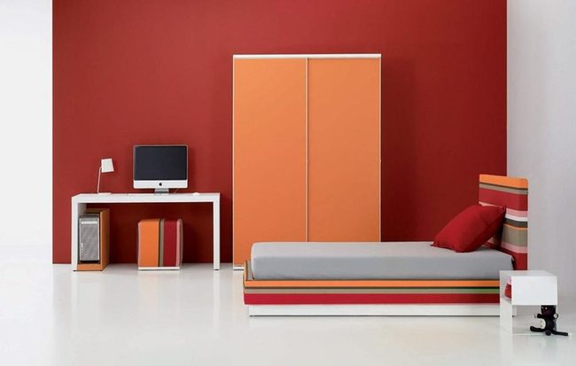 Red Walls Orange Striped Headboard