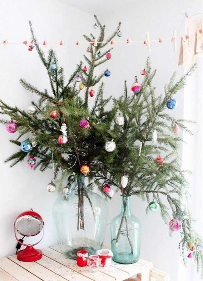 Evergreen Branches, Colorful Ornaments