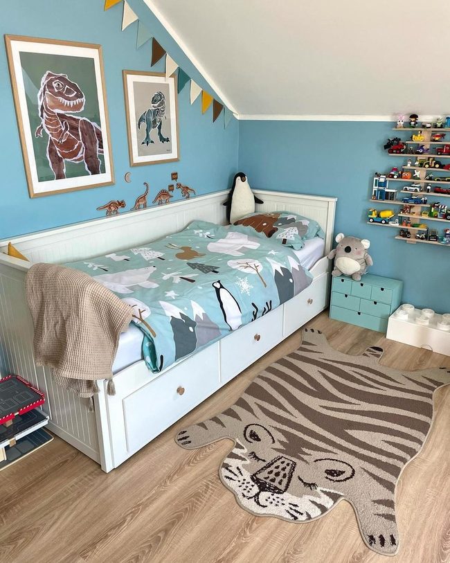 Dinosaur Blue Kids Room With Tiger Rug