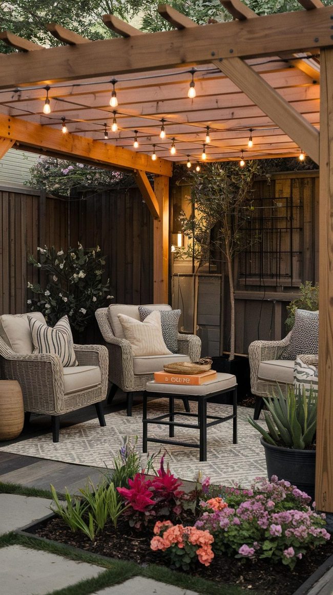 Wooden Pergola With Hanging Lights