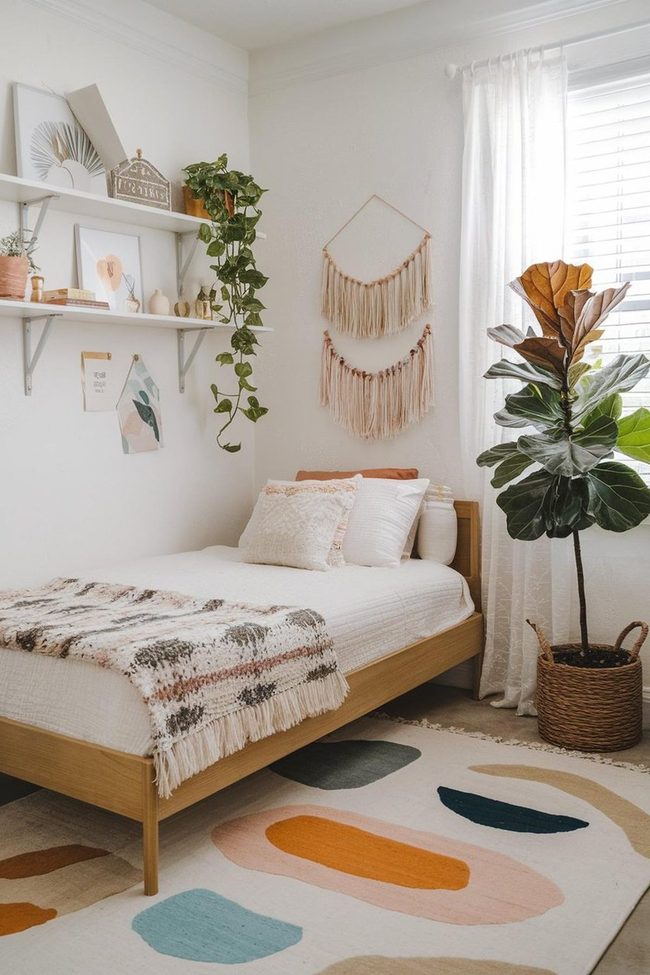 Neutral Boho Sleep Space with Macramé Features