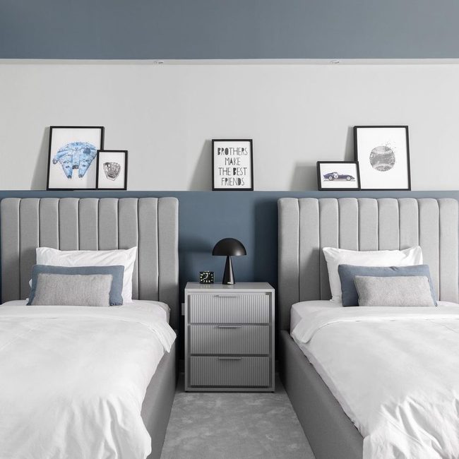 Gray Upholstered Beds, Blue Accent Wall