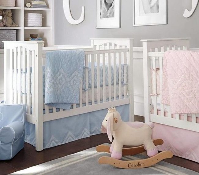 Soft Blue And Pink Twin Nursery