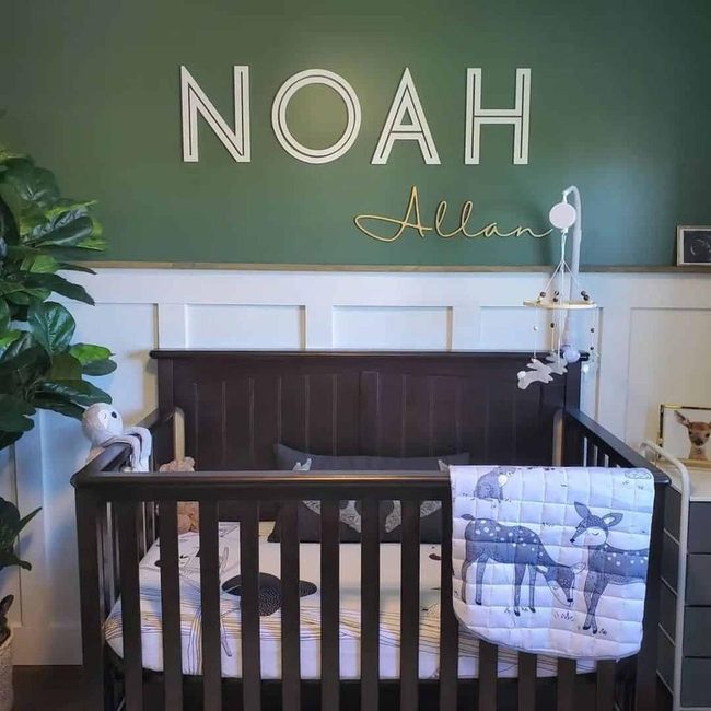 Forest Green Nursery With White Wainscoting