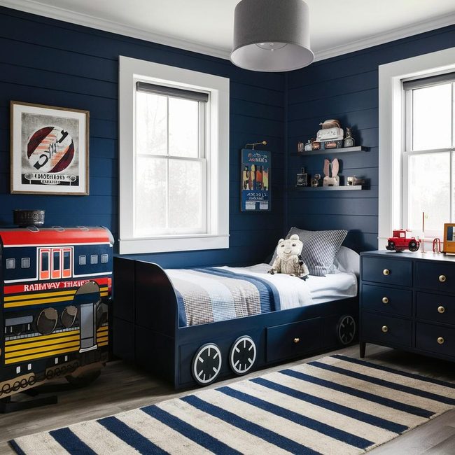 Train-Shaped Bed Navy Walls