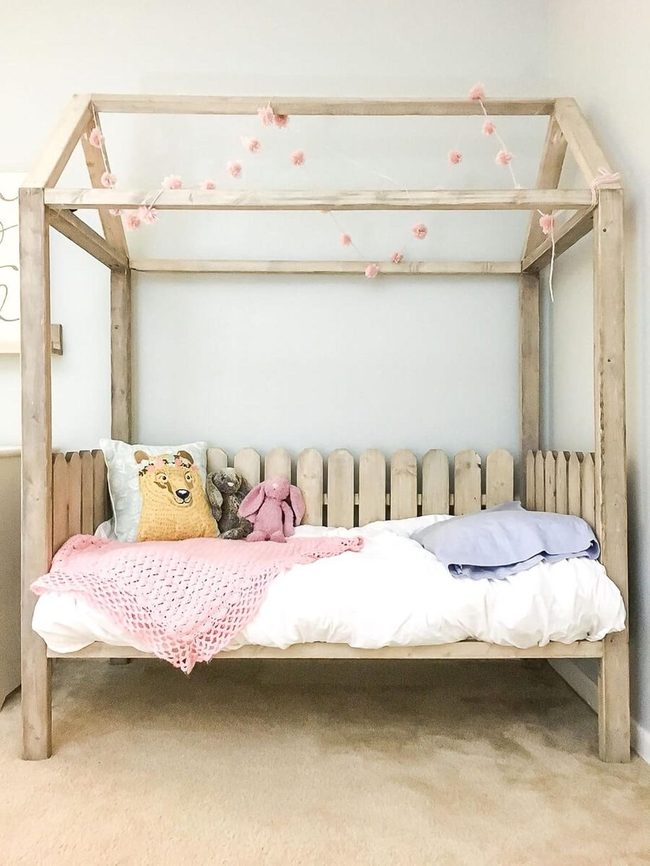 Wooden House Bed With String Lights