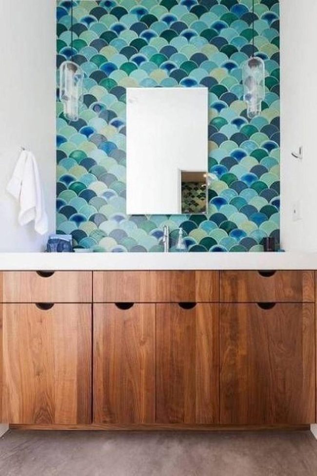 Scalloped Blue-Green Bathroom Waves