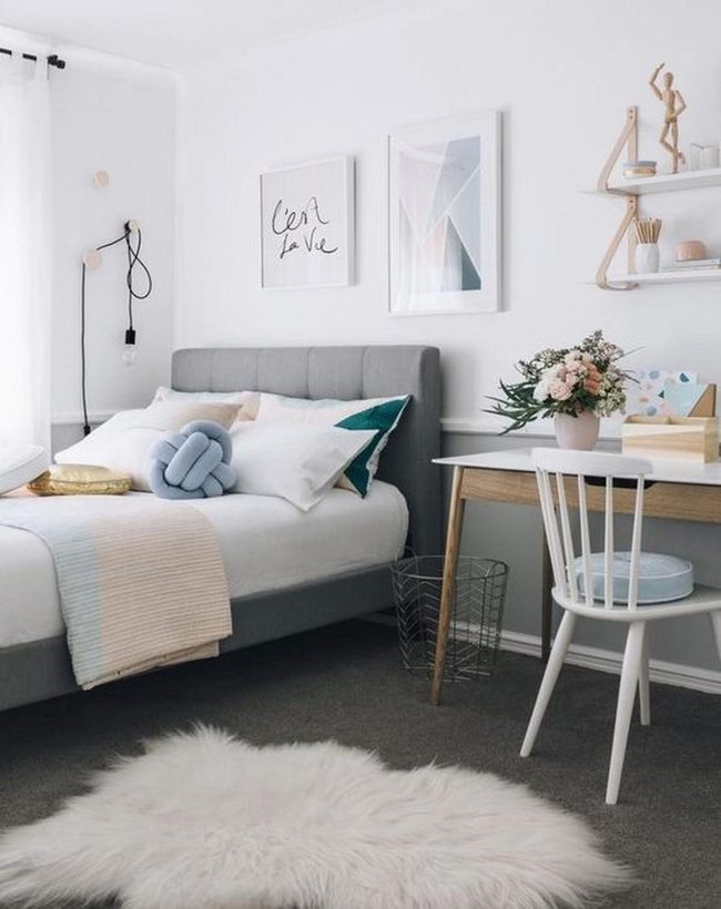 Gray Bed, Colorful Pillows