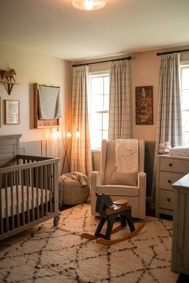 Plaid Curtains with Wooden Crib