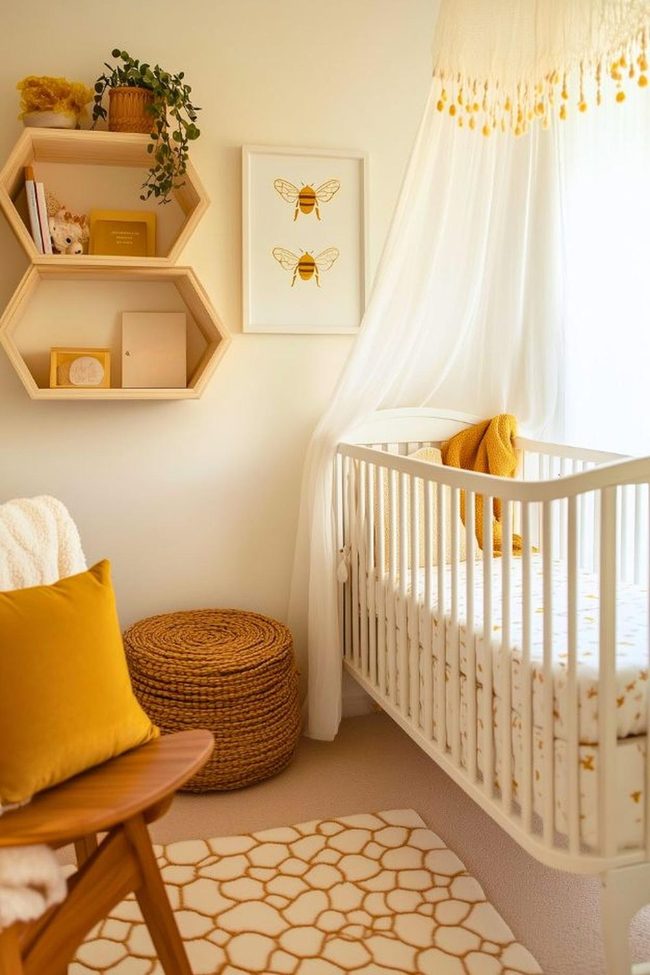 Golden Honeycomb Shelves With Bee Theme