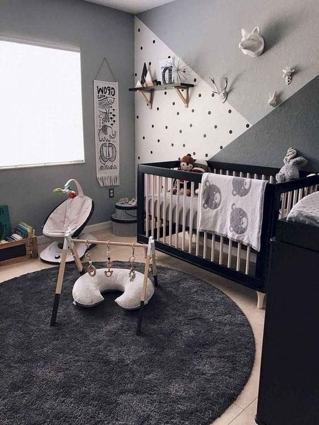 Gray Nursery With Black Crib